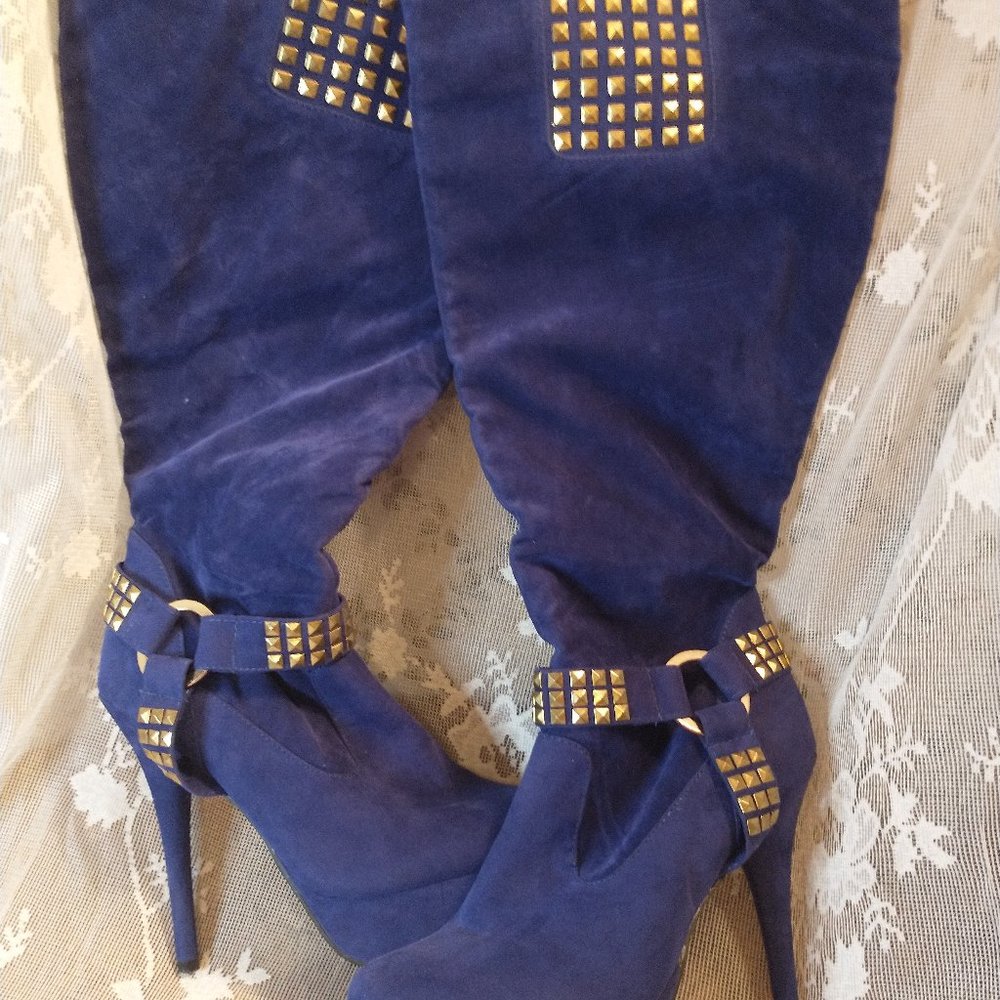 Fahrenheit purple faux suede boots knee high stiletto platform side zips…